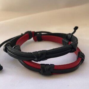 Red & Black Rock n Roll Braided Leather Handmade Bracelet Adjustable Wristband